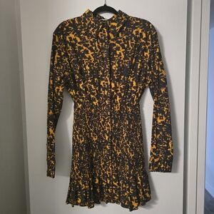 Yellow and Black Printed Long-Sleeve Smocked Mini Dress